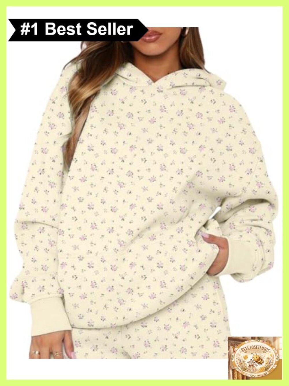 Oversized Ditsy Floral Fleece Hoodie Snowflake Print Y2K Pullover